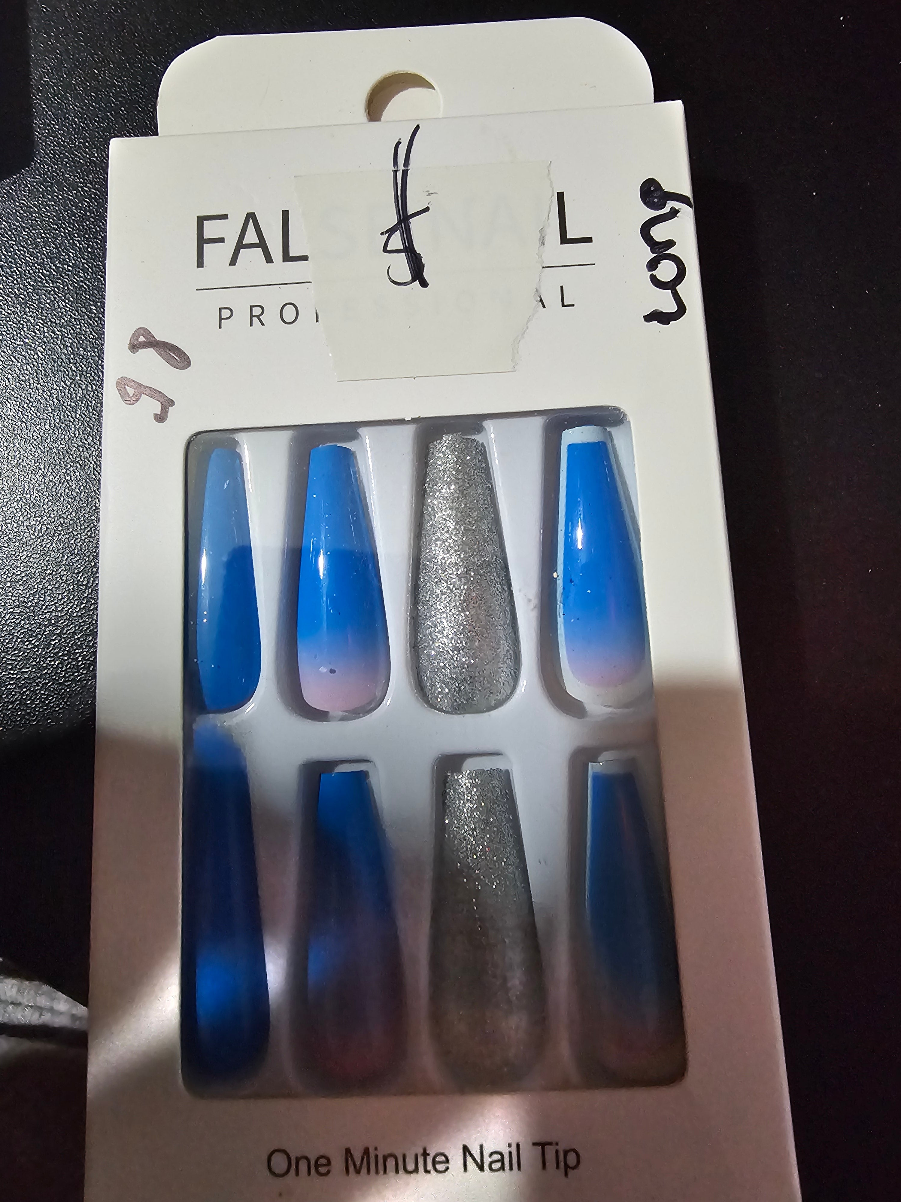 Blue silver long press on nails