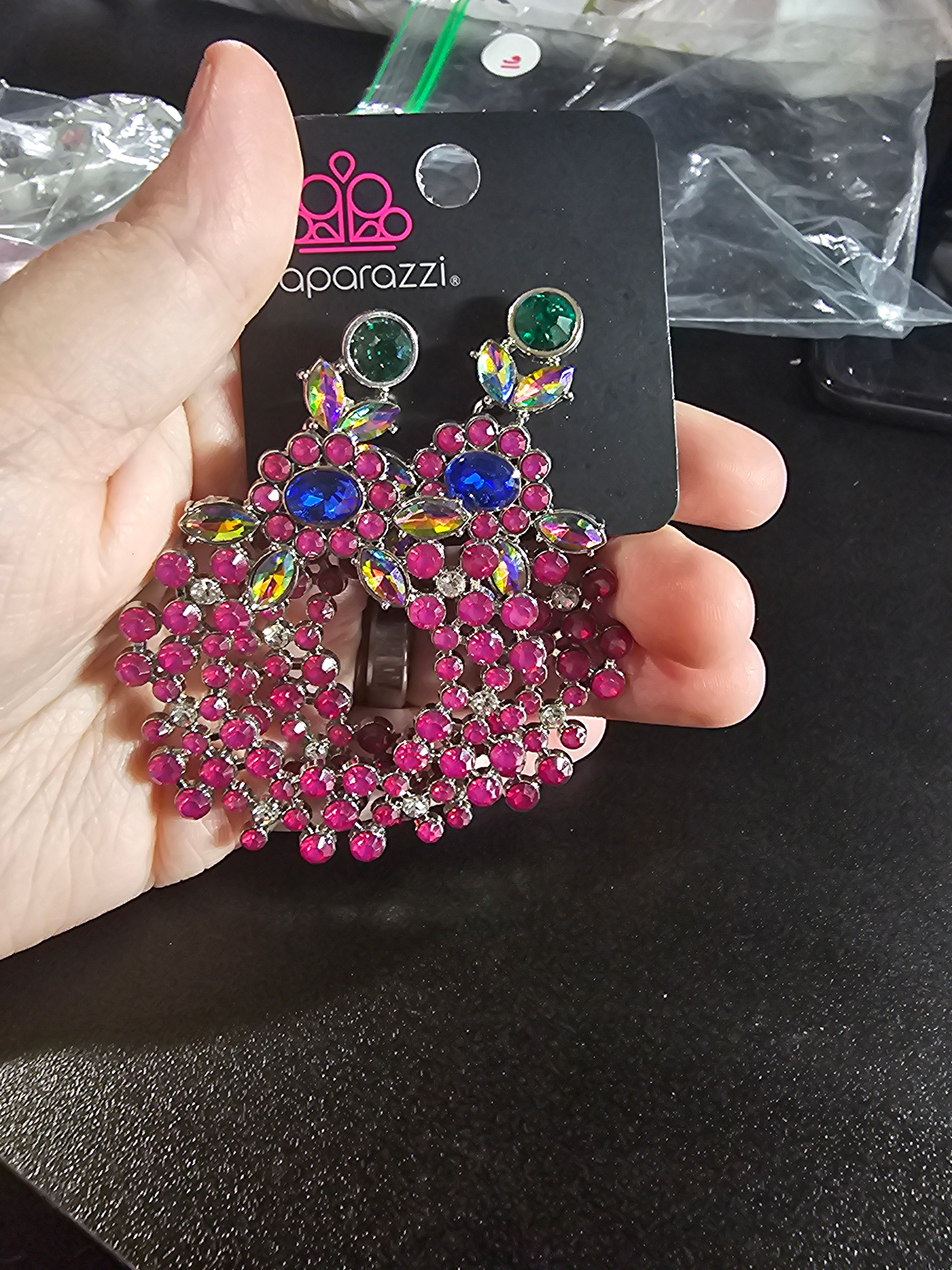 Blue pink green rhinestone earrings